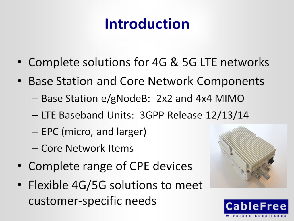 CableFree 4G and 5G Base Station gNodeB and CPE Product Range