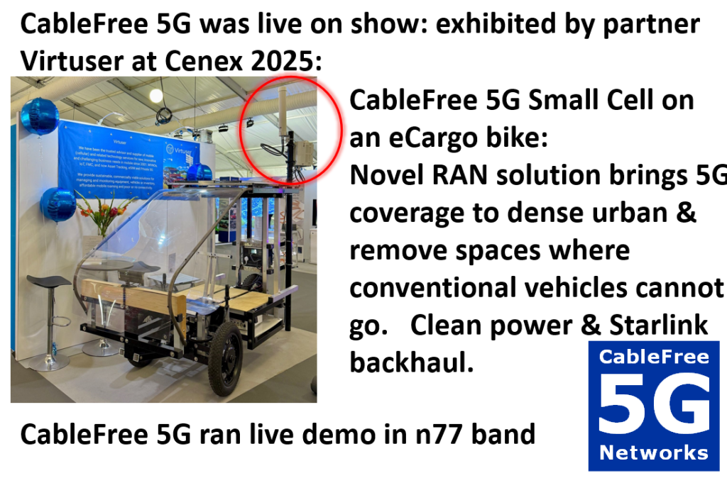 CableFree 5G on show at Cenex 2025 with partner Virtuser with n77u small cell radios on an ecargo bike