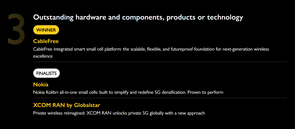SCF Awards 2026 CableFree Winner - Award for product technology Small Cell
